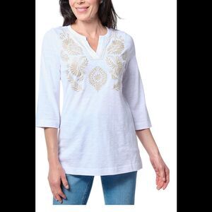Bellisima by Kim Gravel Women's SlubKnit Artisan Embroidered Top White - Regular